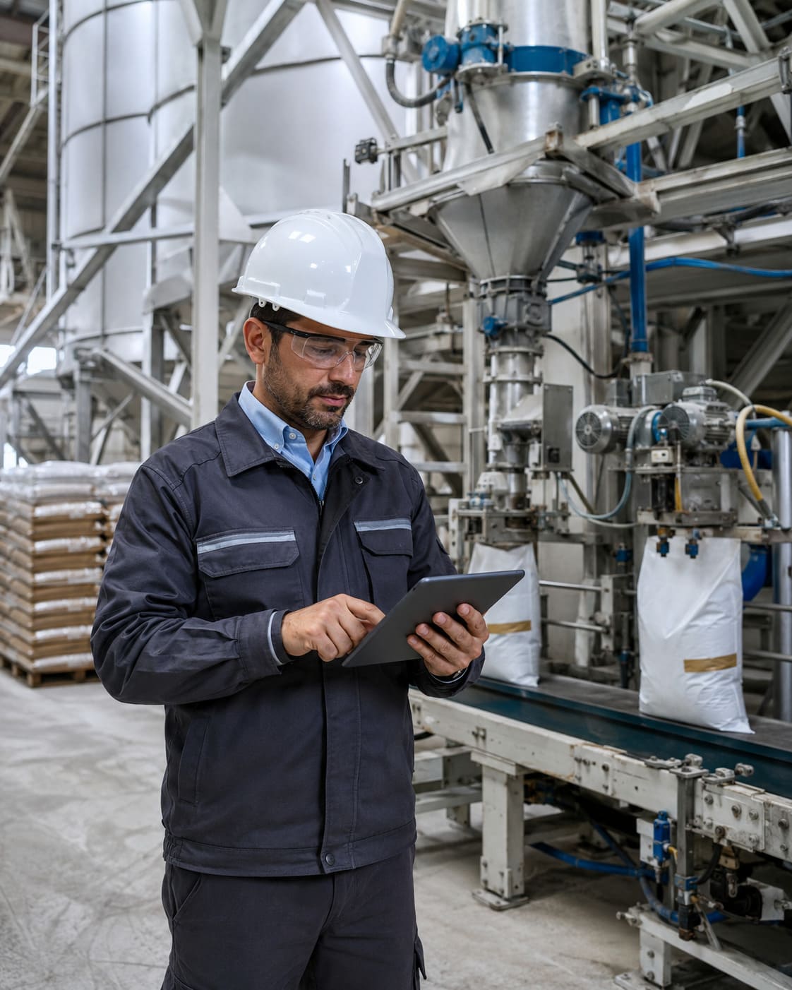 ERP SAP Business one para Agroindústrias 4 Profissional em uma fábrica de ração usando tablet para acompanhar a operação