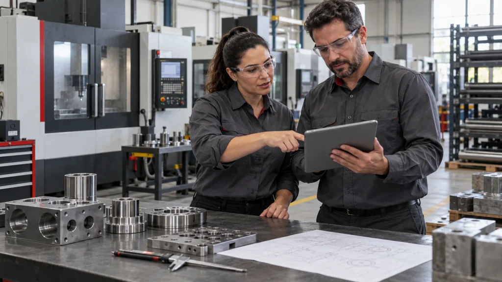 Como escolher um ERP para metalúrgica: 7 testes antes de contratar 1 Profissionais avaliam informações em um tablet dentro de uma metalúrgica, ao lado de peças e máquinas de usinagem.