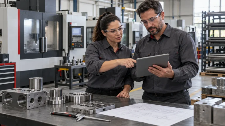Profissionais avaliam informações em um tablet dentro de uma metalúrgica, ao lado de peças e máquinas de usinagem.